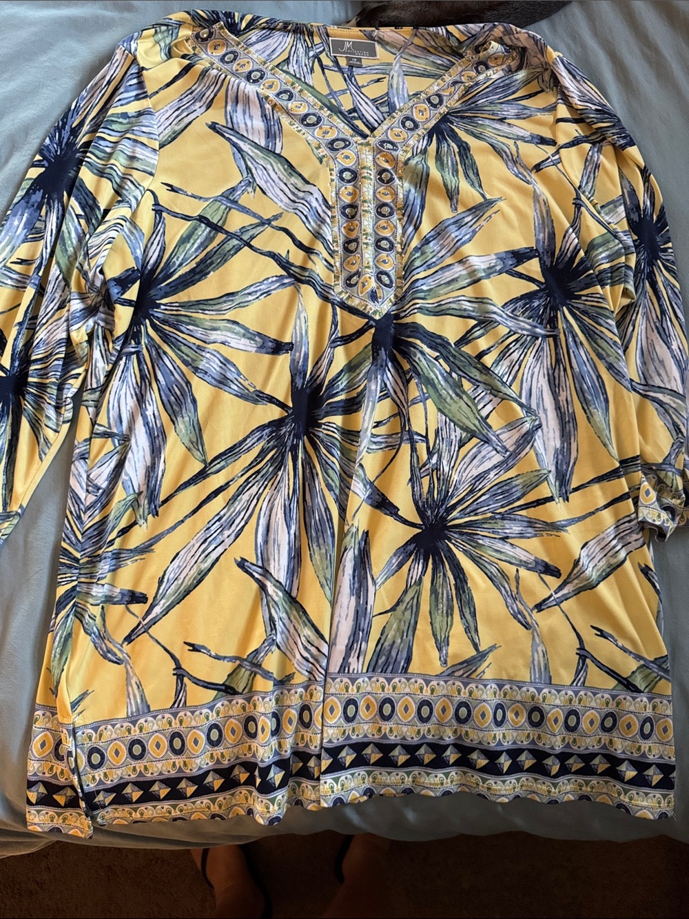 JM Collection Yellow Tropical Print Tunic with Navy and Green Accents